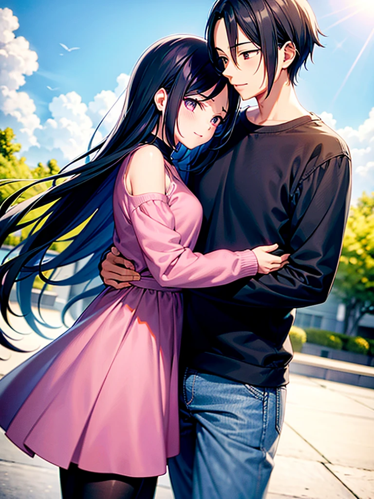 work of art, アニメ, kawaii, cute, romantic, best qualityer, Couple, different fashion, different color, casual clothes, long sleeves, ssmile, glad, Amemos, whirling wind, blue sky, man Itachi Uchiha, Woman, one piece, itachi uchiha, Woman de cabelo grande, 1 girl, 1 young boy, Couple, hugging