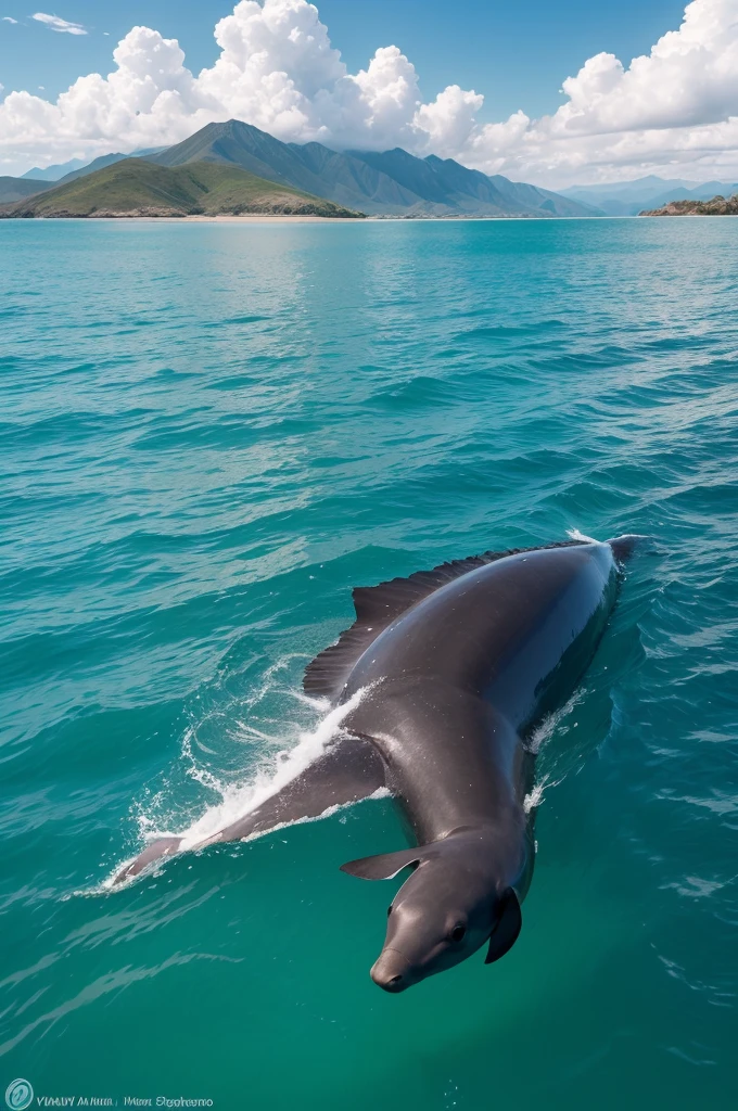 Create an accurate image of the vaquita (*Phocoena sinus*), also known as the Pacific porpoise. The image must have the following characteristics:

1. **Appearance**: The vaquita&#39;s body is small and robust, with a dark gray color on the back that merges into a sparkling white on the underside.
2. **Different features**: It has a dark stripe around its eyes that extends to its dorsal fin..
3. **tamanho**: A vaquita tem about 1,5 meters long and weighs up to 55 kg.
4. **enviroment**: Insert the vaquita into its natural habitat in the northern Gulf of California, with blue waters and a scenery