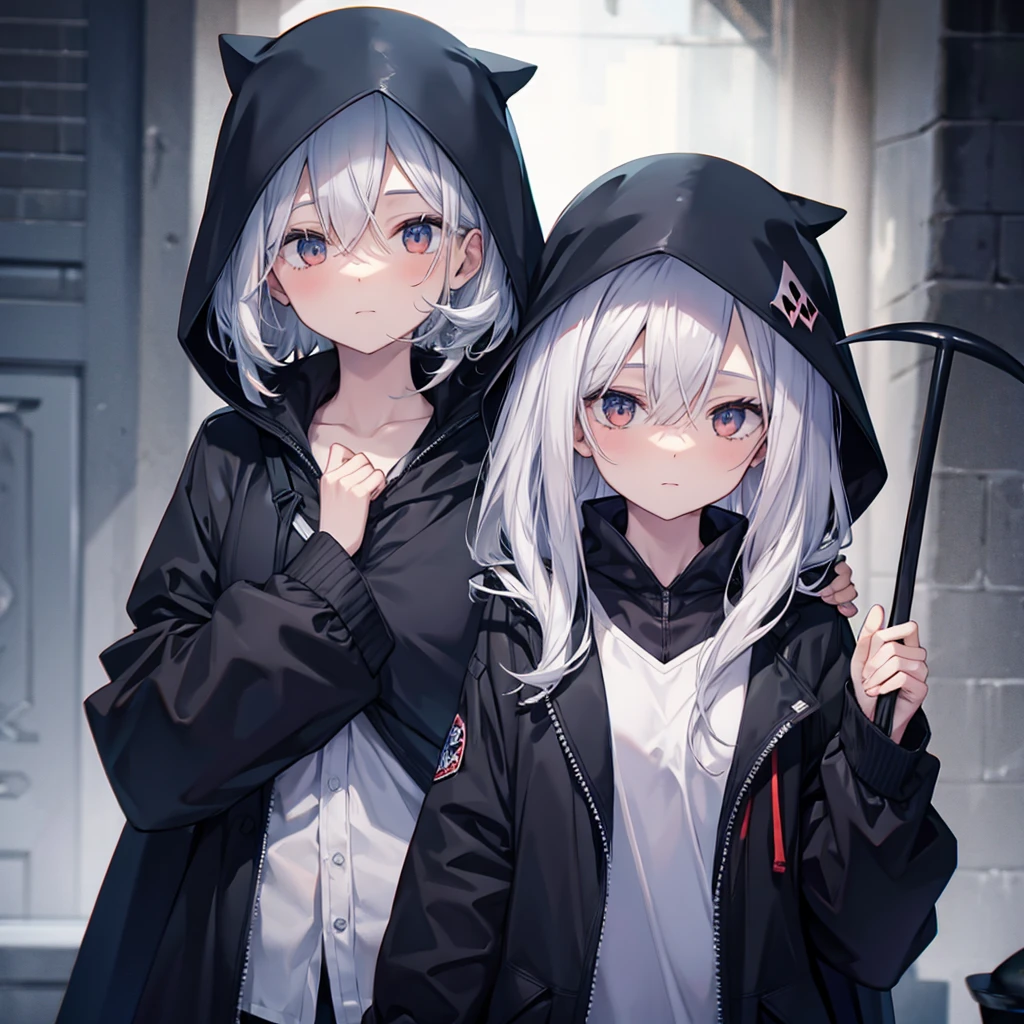 (((Grim Reaper&#39;s Scythe)))　(((Gray Hair　Short Hair　blue eyes　girl)))，((night　full moon　My own big wings))，(Wearing a hood　Black camisole　Purple light)，　A tense look　Shining Background　Shining Edge