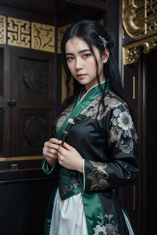 1 girl, heroine, Beautiful, splashes of ink, Chinese armor, (upper body), black hair, floating hair, tender eyes, black and green antique damask hanfu pattern, line of sight, (F1.8), (masterpiece), (portrait shot), Foreground, White background, (Movie poster), Weapon