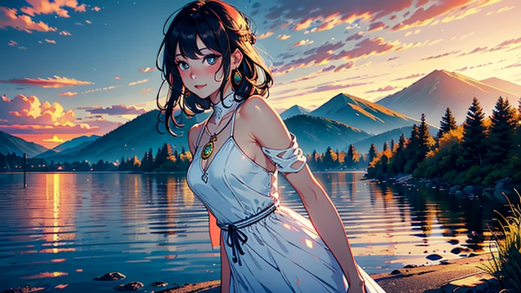 1 girl, cheerful expression, fascinating eyes, straight long hair, flowing dress, balanced posture, porcelain skin, Subtle blush, Crystal pendant BREAK golden hour, (rimlighting):1.2, warm tones, sunflare, Soft Shadows, bright colours, painterly effect, dreamy atmosphere break picturesque lake, distant mountains, Weidenbaum, still water, Consideration, sunlit clouds, peaceful atmosphere, idyllic sunset, ultra detailed, offcial art, Unity 8k Wallpaper
, zentangle, mandala