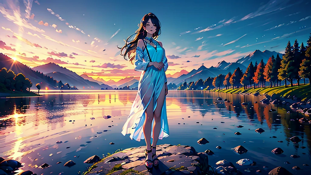 1 girl, cheerful expression, fascinating eyes, straight long hair, flowing dress, balanced posture, porcelain skin, Subtle blush, Crystal pendant BREAK golden hour, (rimlighting):1.2, warm tones, sunflare, Soft Shadows, bright colours, painterly effect, dreamy atmosphere break picturesque lake, distant mountains, Weidenbaum, still water, Consideration, sunlit clouds, peaceful atmosphere, idyllic sunset, ultra detailed, offcial art, Unity 8k Wallpaper
, zentangle, mandala