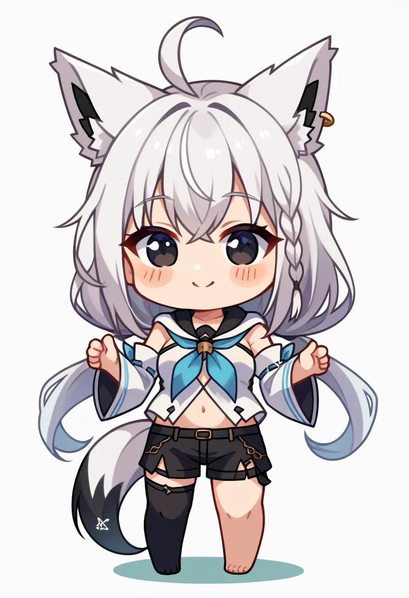 score_9, score_6_up, source_anime BREAK 1girl, solo, full body, chibi, black eyes, white background, fubuki_base, white blouse, detached sleeves, black shorts, blue neckerchief, thigh strap, single thighhigh, white hair, single side braid, ahoge, piercing, fox tail, smile