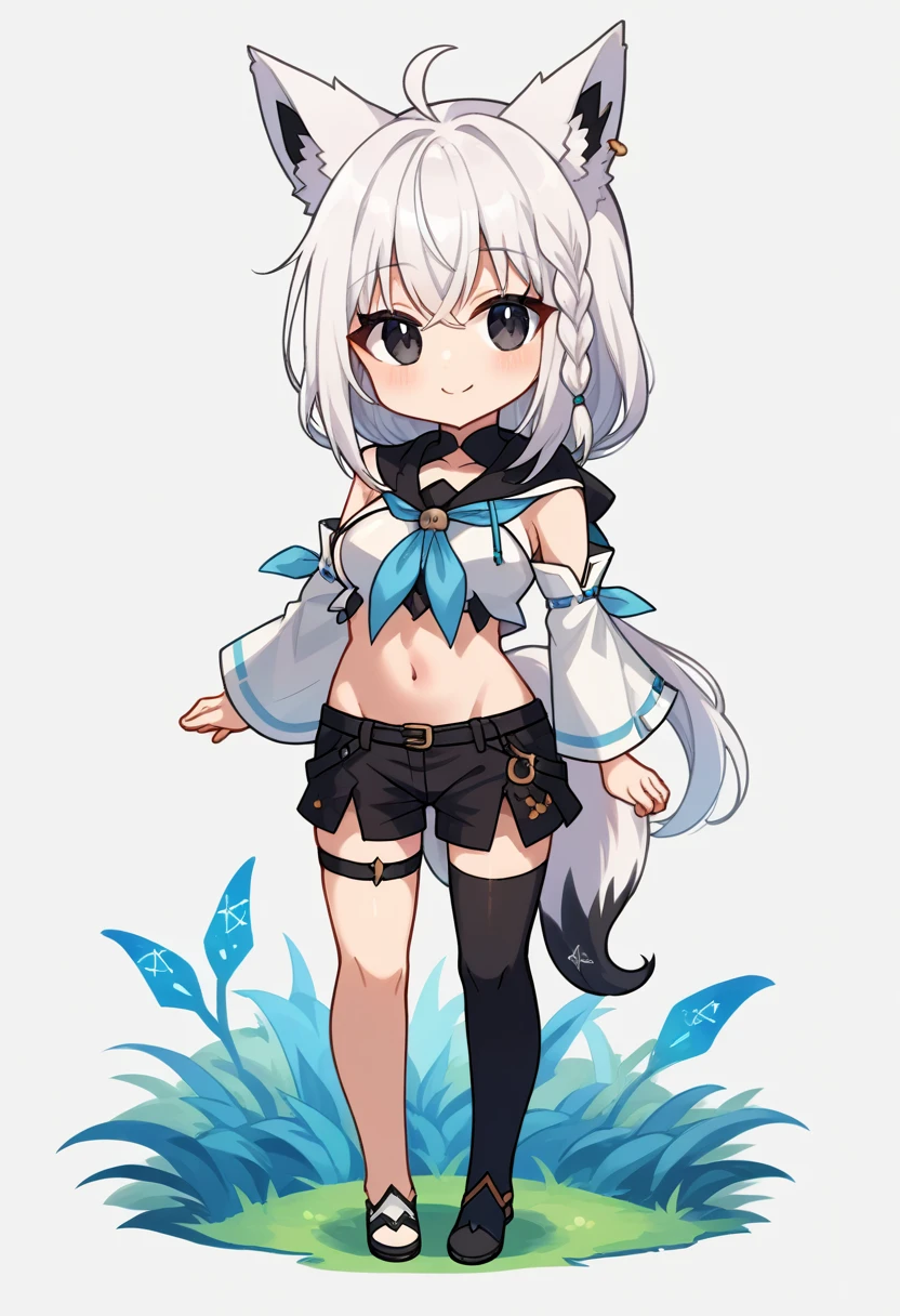 score_9, score_6_up, source_anime BREAK 1girl, solo, full body, chibi, black eyes, white background, fubuki_base, white blouse, detached sleeves, black shorts, blue neckerchief, thigh strap, single thighhigh, white hair, single side braid, ahoge, piercing, fox tail, smile