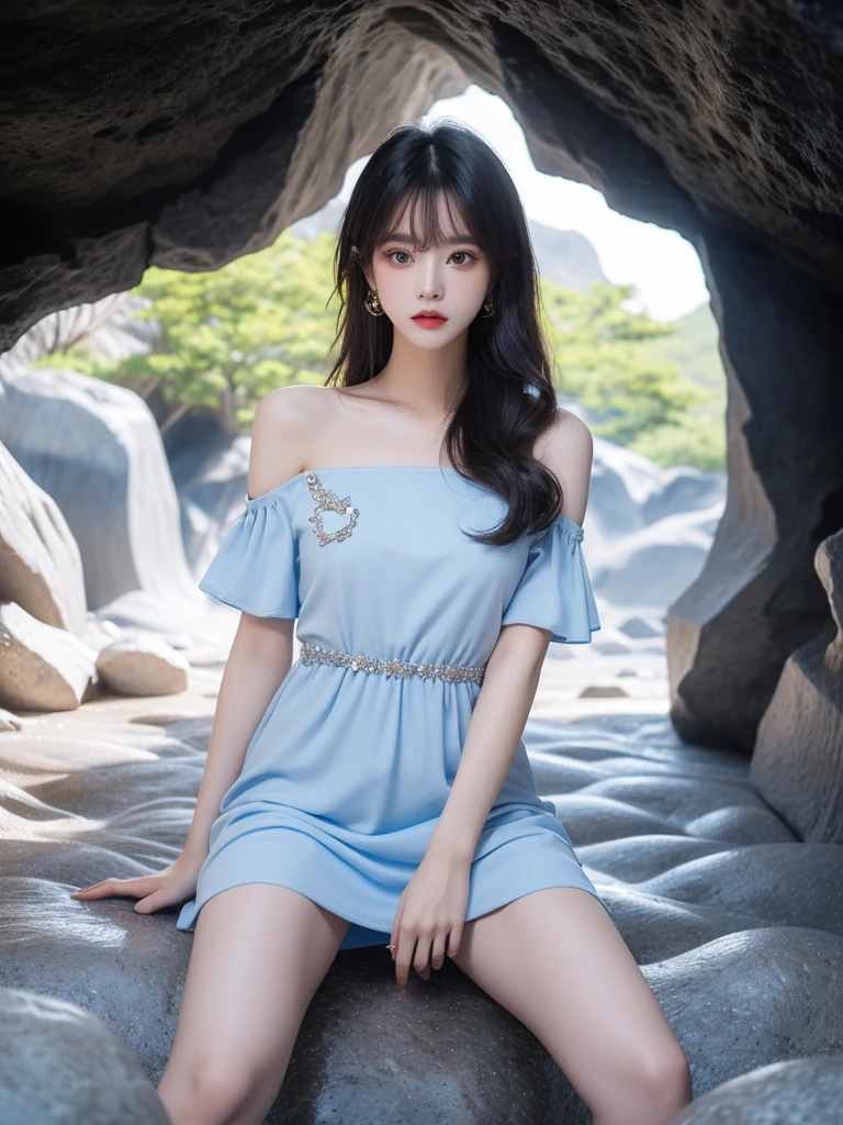 Beautiful woman wearing a blue white Wearing elegan style clothes mini dress with decorations on the shirt and visible shoulders and wearing boots and being photographed with a background And I was in a cave filled with colorful and cool rocks ,Korean style swag, beautiful face so gorgeous, Beautiful eyes, y2k style,