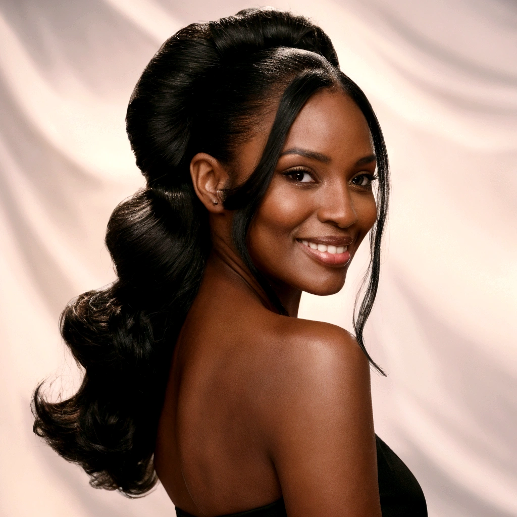 There&#39;s a black woman with a black dress and a smile on her face, Long black hair tied in a ponytail, long black ponytail, elaborate long black hairstyle, black ponytail hair, hair in a low, straight ponytail, Half up hairstyle, “hyperrealistic”, “hyperrealistic”, silky texture, “hyper-realistic”, looking at side, &quot;hyper realistic&quot;, sleek black hair, jaw dropping beauty