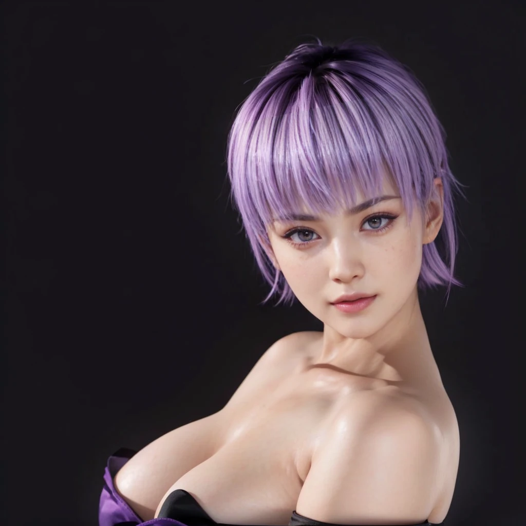 Ayane, purple hair, (best quality, ultra-detailed), (realistic:1.37), beautiful and detailed face, ultra-realistic texture, delicate face, delicate body, red lipstick, bright colors. high definition, 8K,