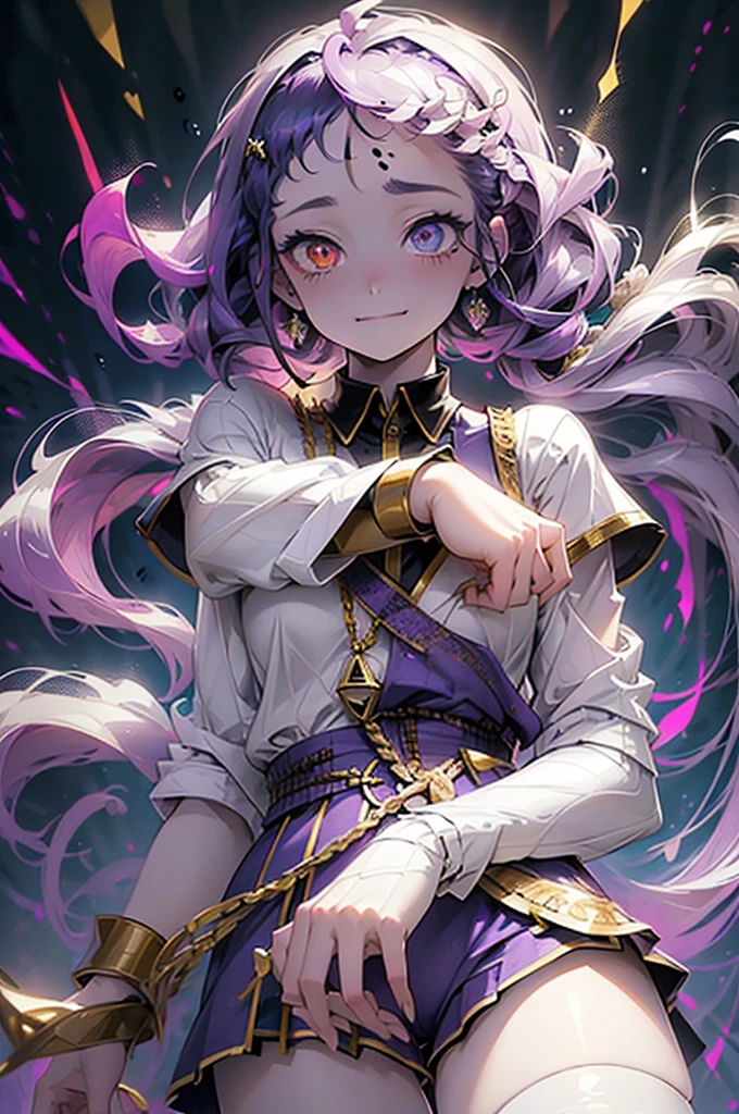 cheerful boy with open forehead. dark purple hair braided in a ponytail on the left side to one side. sinuous black horns wrapped in dark purple ribbon. pale violet eyes. in short dark purple shorts. long white T-shirt. dark purple knee-high socks. a white long robe with a hood flutters in the wind. black ancient stone walls of the castle purple light from lamps with gold ornaments, heterochromia, long curly hair, pale skin, I look at the viewer, closed mouth, bright smile, Beautiful, extremely detailed eye, Absolutely amazing art, extremely detailed, Digital art of the highest quality, full length, old pionino ancient castle