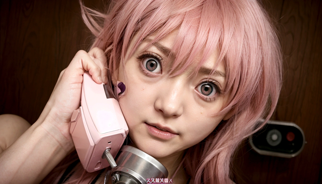 Anime girl with pink hair talking on the phone., Mirai Nikki, anime girl named gasaiyuno, hyperrealistic pink normal eyes, Gasai Yuno, closeup of another iwakura, Gasai Yuno, Gasai Yuno, she has a nice expressive face, Gasai Yuno, screenshot from a 2012 anime, in the anime movie, scene!!, Shocking