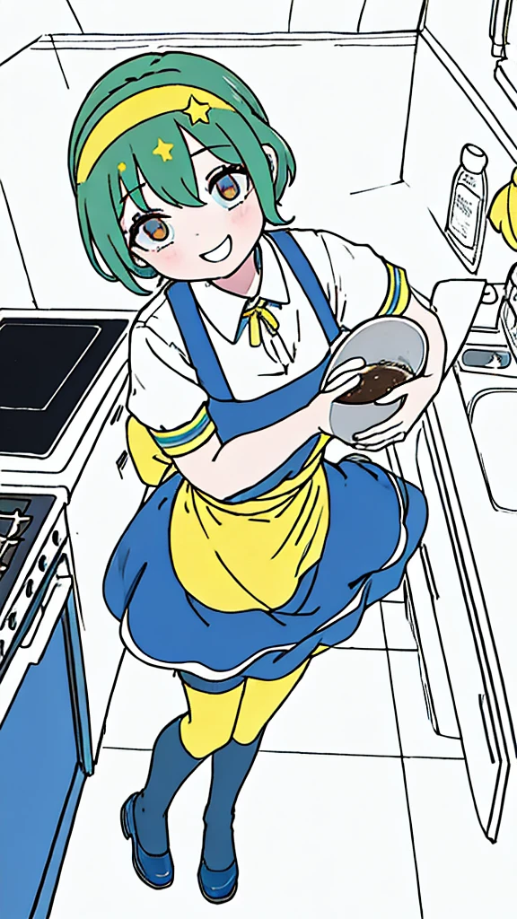 Highest quality, 1 girl, best quality, short green hair, ahoge, blue sweater with yellow stars, dark blue skirt, blue and yellow thigh highs, red eyes, smiling, wearing a maid headband, wearing an apron, full body, in a kitchen, holding a bowl and spoon, mixing