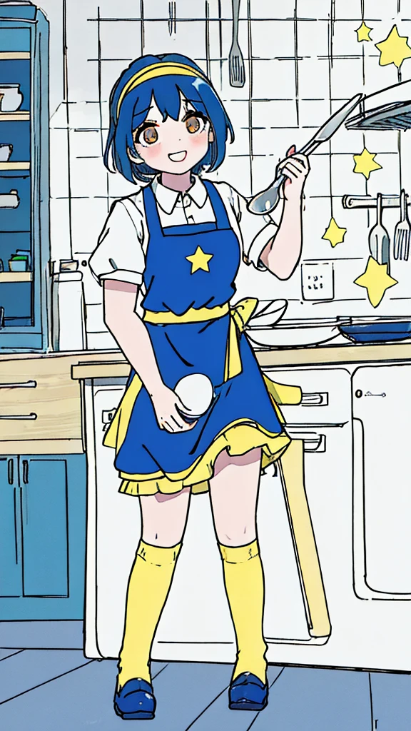 Highest quality, 1 girl, best quality, short green hair, ahoge, blue sweater with yellow stars, dark blue skirt, blue and yellow thigh highs, red eyes, smiling, wearing a maid headband, wearing an apron, full body, in a kitchen, holding a bowl and spoon, mixing