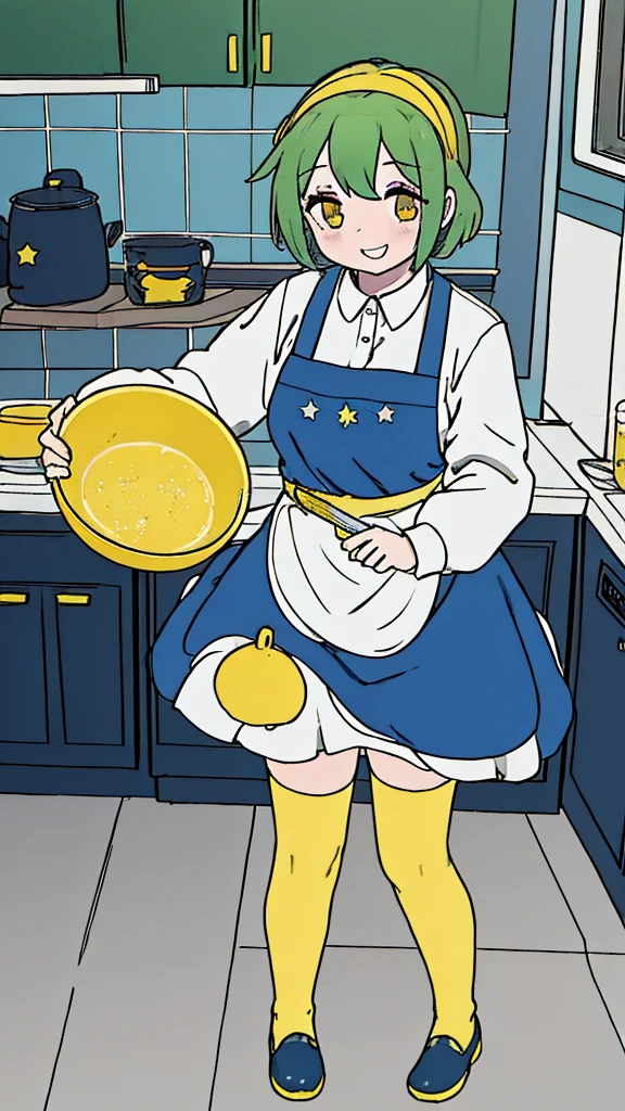 Highest quality, 1 girl, best quality, short green hair, ahoge, blue sweater with yellow stars, dark blue skirt, blue and yellow thigh highs, red eyes, smiling, wearing a maid headband, wearing an apron, full body, in a kitchen, holding a bowl and spoon, mixing