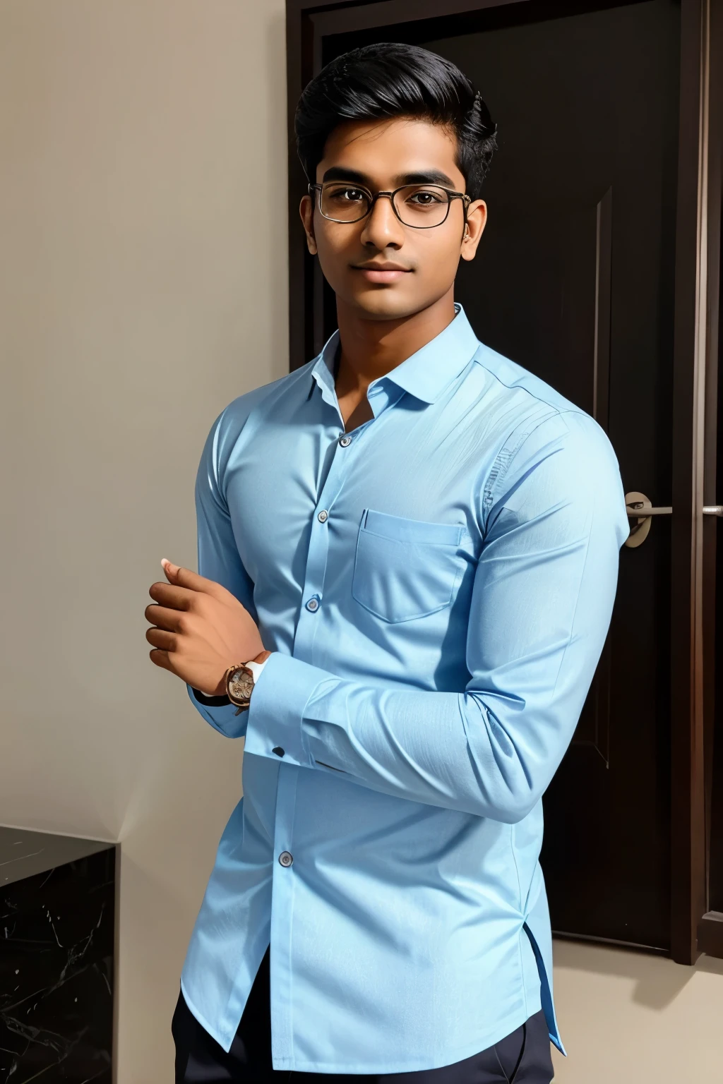 21 year old indian boy with fair skin wearing spectacles and narrow body posing for a linkedin picture in formals