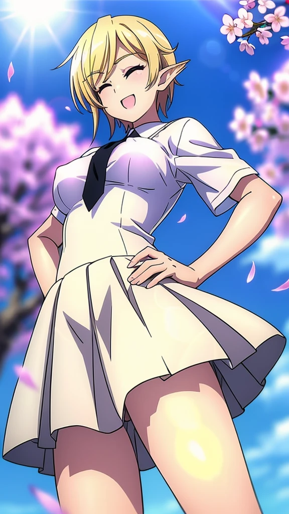 masterpiece, best quality, absurdres, kamogawa,1girl,20s,happy,white shirt,black standard tie,short sleeves,white school skirt,short hair,blonde hair,pointy ears,(harpy,harpy wings), shiny skin, (medium breasts:1.4), outdoors, cherry blossoms, tree, petals, falling petals, sunlight, lens flare, spring days, sky, backlighting, intricate shadow, highly detailed background, messy background,(one eye closed:1.2), open mouth, light smile, (happy:1.2), hand on hip, from below,