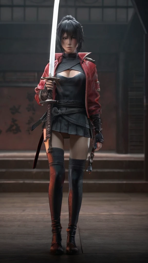 a woman holding a sword in a dark room, 2. 5 d cgi anime fantasy artwork, holding a black katana, stuning fantasy 3 d render, holding katana, unreal engine character art, unsheathing her katana, she is holding a katana sword, yasuke 5 0 0 px models, dramatic wielding katana pose, holding a katana, background color smoked, Red leather jacket.