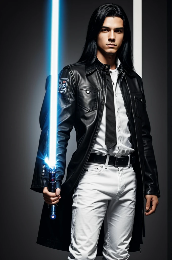 16 year old boy with very long black hair wearing a black leather jacket and a white shirt tucked in., black jean pants and a lightsaber on his belt 