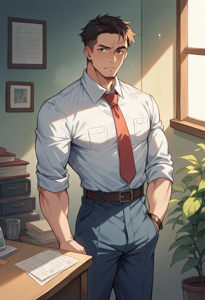 (1 Adult male),A high resolution, Sharp focus, Pixiv masterpiece, ((Complicated details)), highly detailed, natsuki_subaru, 1 man, Lazy,full bodyesbian,sit astride,Tired,decadent, blue color eyes(eyes glowing), Short yellow hair,white shirt,Wear a tie,Wear a belt,perspire,Drenched,Get wet,look from down