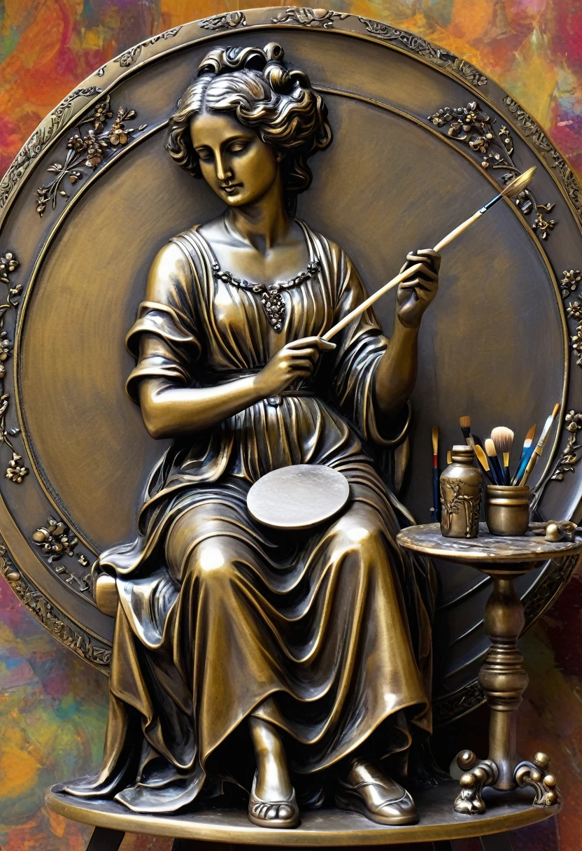 design of a creative medal, in the center of which the muse sits at an easel, in one hand she holds a palette, in the other a brush. the composition of the background visually leads the viewer’s eye to the muse; the attributes of art are present in the background.