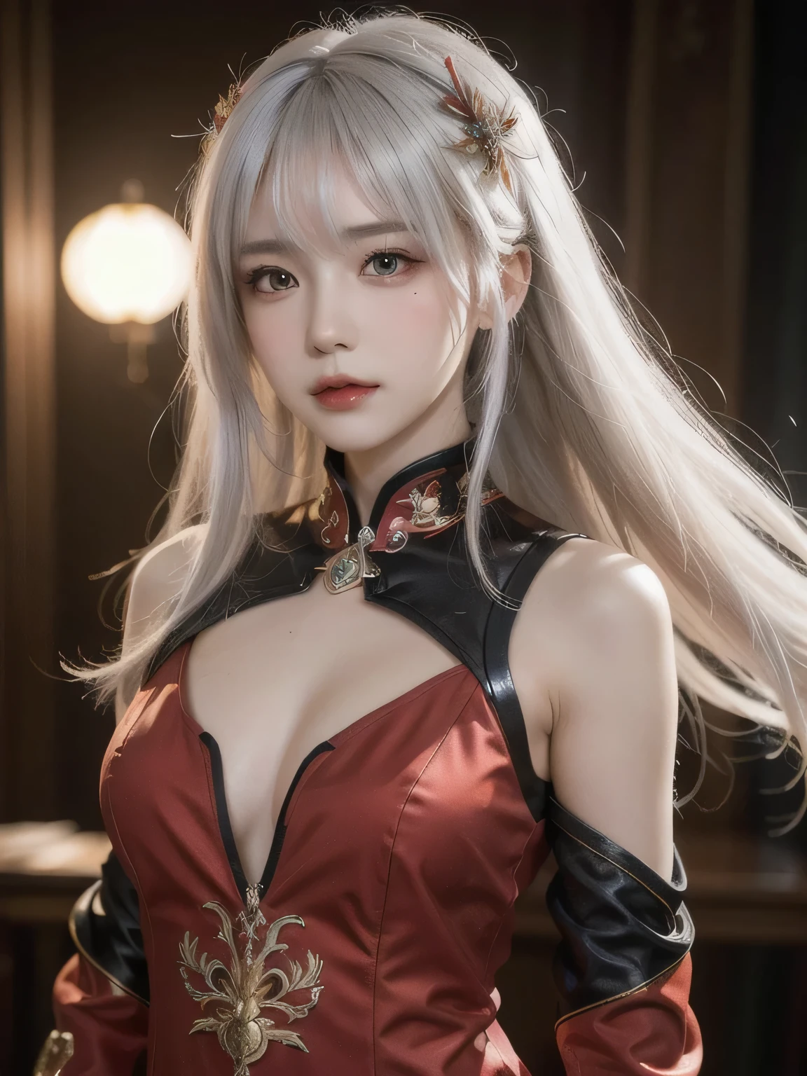 ((best quality)), ((masterpiece)),,((ultra-detailed)), extremely detailed CG, , (an extremely delicate and beautiful), 1girl, solo, ((cute face)),(beautiful detailed eyes), red eyes,white hair, shiny hair, colored inner hair,Ice rose,Ice hair ornaments,adorns,, [ice crystal],, crystal,((floating hair)), ((caustic)),((disheveled hair))"((best quality)), ((masterpiece)), ((ultra-detailed)), extremely detailed CG, (a serene and elegant), 1girl, solo, full body view, ((cute face)), (beautiful detailed eyes)((best quality))((best quality)), ((masterpiece)), ((ultra-detailed)), extremely detailed CG, (a powerful and regal), 1girl, solo, full body view, ((cute face)), (beautiful detailed eyes)Generate an image of my AI girl model in a crimson passion dragon-themed suit. The suit should be a deep, vibrant red with black and gold accents, featuring intricate, scale-like patterns that emphasize her curves. Fiery red flames should burst from the suit, adding a fierce, passionate glow. She should be posed in a dynamic, seductive stance, with a confident, smoldering gaze, against a backdrop of a dramatic, fiery sunset over a rocky coastline. The atmosphere should be intensely passionate and alluring.