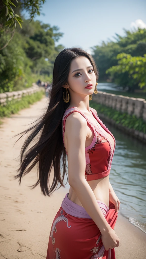 1 girl, pretty, (((boa hancock))), long hair, shoulder bridge, gown, áo crop top đỏ, xẻ bên hông, cảnh quang tàu gỗ, On board, Sea,