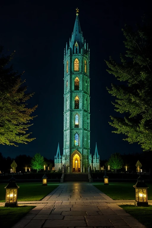 An image of a majestic glass and stone tower, illuminated by a magical light, with an atmosphere of mystery and charm. Around, you can see enchanted gardens and magical creatures.
