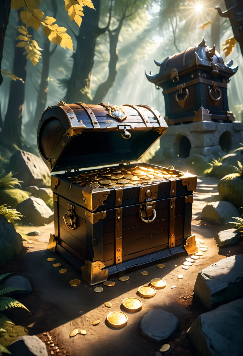 Mimic, a treasure chest monster imitating an iron treasure chest, in a sunny open space surrounded by deep forests, with some gold coins scattered on the ground. An iron treasure chest is intertwined with light and shadow, adding a sense of mystery to the picture, cinematic still, emotional, vignette, dynamic, vivid, (masterpiece, best quality, Professional, perfect composition, very aesthetic, absurdres, ultra-detailed, intricate details:1.3)