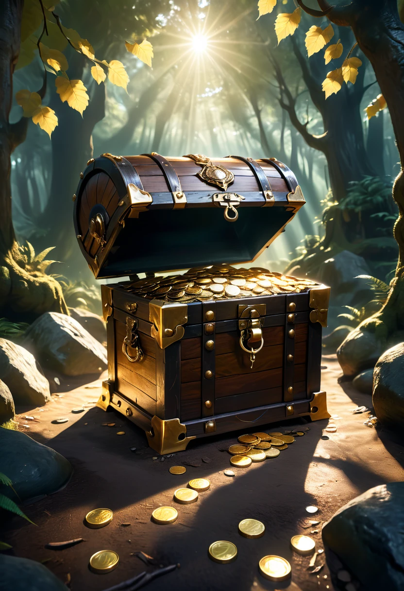 Mimic, a treasure chest monster imitating an iron treasure chest, in a sunny open space surrounded by deep forests, with some gold coins scattered on the ground. An iron treasure chest is intertwined with light and shadow, adding a sense of mystery to the picture, cinematic still, emotional, vignette, dynamic, vivid, (masterpiece, best quality, Professional, perfect composition, very aesthetic, absurdres, ultra-detailed, intricate details:1.3)