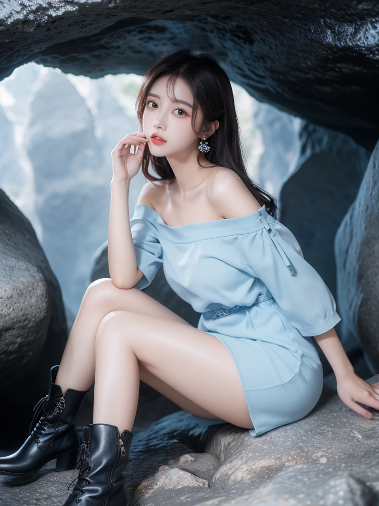 Beautiful woman wearing a blue white Wearing elegan style clothes mini dress with decorations on the shirt and visible shoulders and wearing boots and being photographed with a background And I was in a cave filled with colorful and cool rocks ,Korean style swag, beautiful face so gorgeous, Beautiful eyes, y2k style,