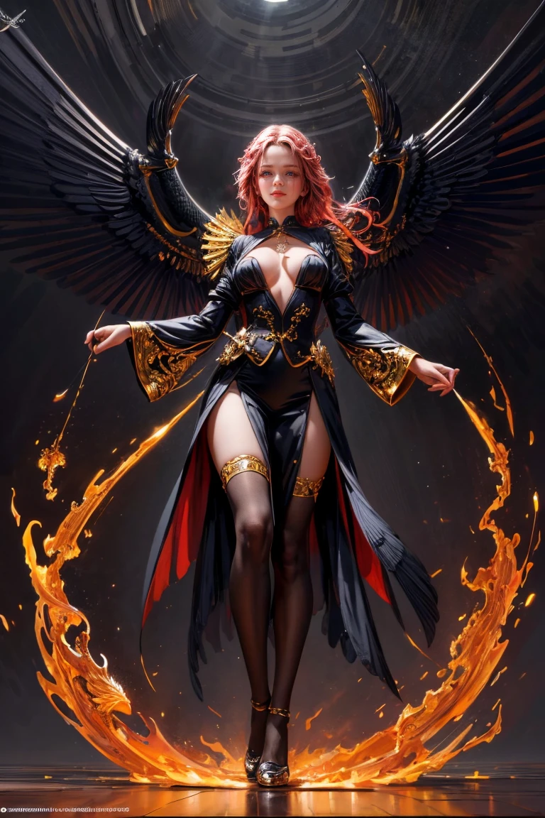 (work of art), (extremely complex:1.3), (realisitic), 1 girl, standing alone, anime art, centred, archangel with phoenix DNA, resulting in a new character that incorporates elements of both, dynamic pose, full body shot shot, Double Exposure Art, fund: Tavern, natta, Depth of field, full color, photorealisitic, hyper realisitic, highy detailed, professional vector, cores Ablazes, Ablaze, fractal details, art of J.c. Leendecker