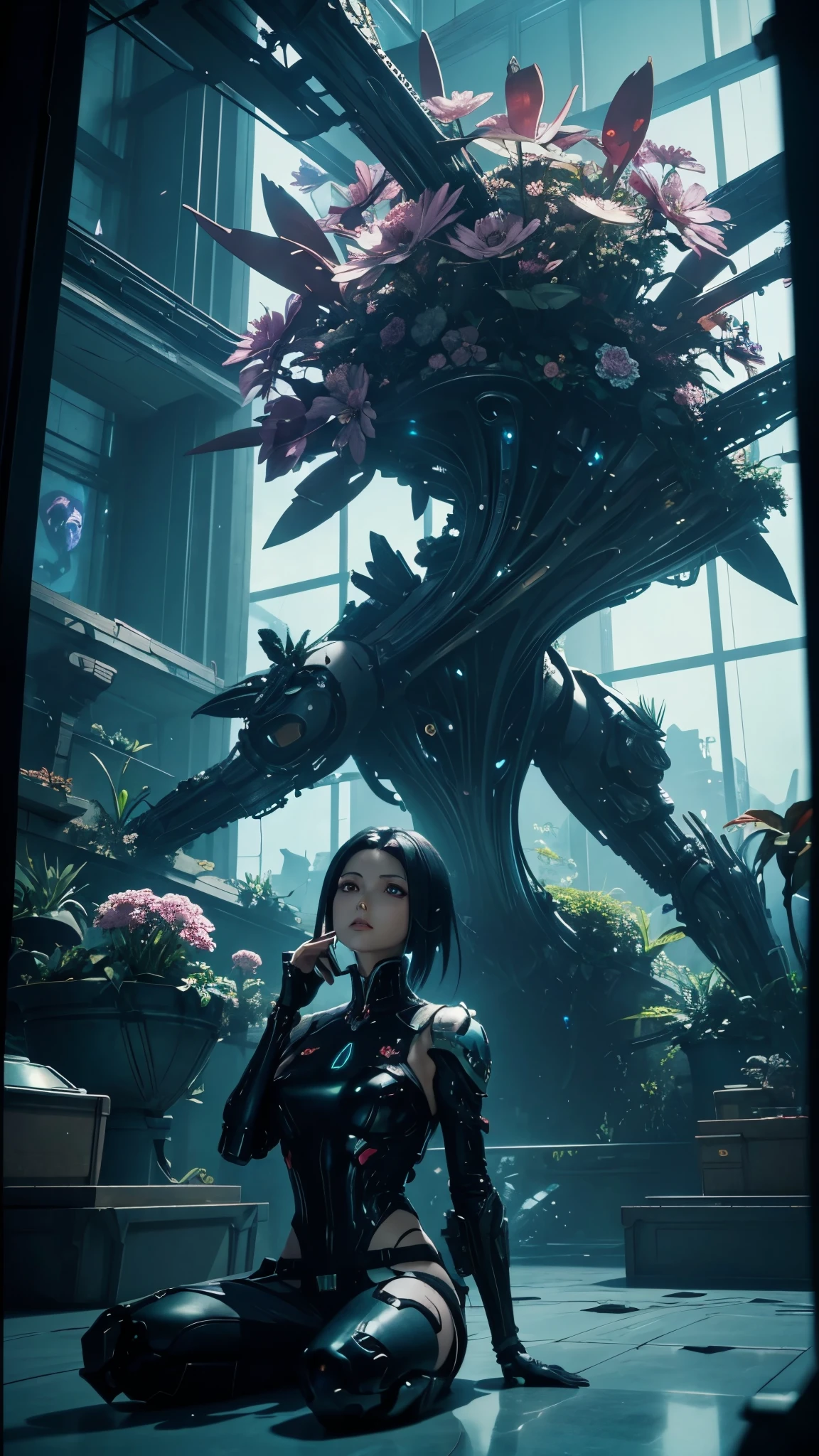 a young boy sitting in front of a giant alien plant, cgsociety 9, cgsociety ), nekro xiii, nekro iii, cgsociety, love death and robots, dreampunk romanticism artwork, kind cyborg girl with flowers, 2. 5 d cgi anime fantasy artwork, still from alita, realistic anime 3 d style, high definition cgsociety