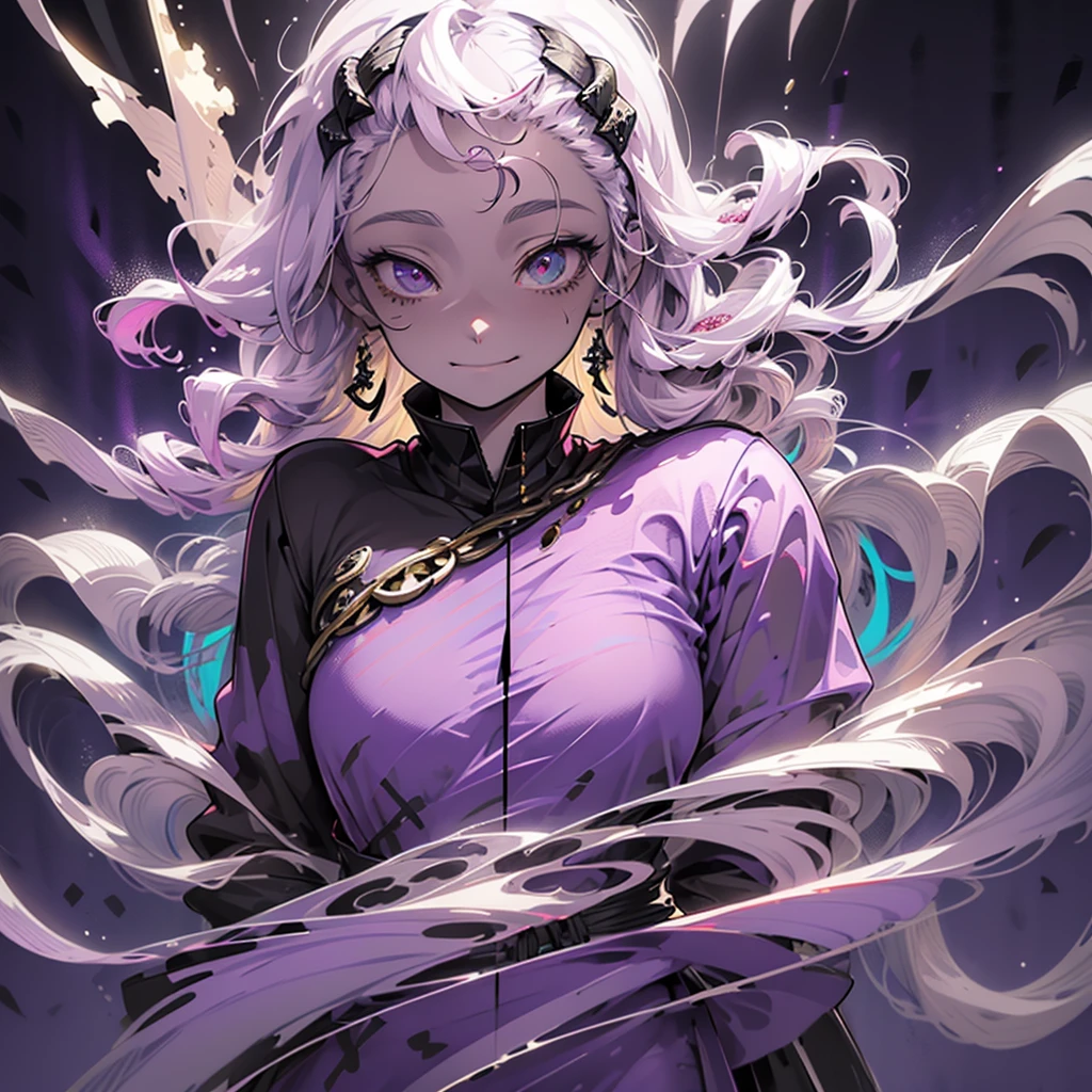 cheerful boy with open forehead. dark purple hair braided in a ponytail on the left side to one side. sinuous black horns wrapped in dark purple ribbon. pale violet eyes. in short dark purple shorts. long white T-shirt. dark purple knee-high socks. a white long robe with a hood flutters in the wind. black ancient stone walls of the castle purple light from lamps with gold ornaments, heterochromia, long curly hair, pale skin, I look at the viewer, closed mouth, bright smile, Beautiful, extremely detailed eye, Absolutely amazing art, extremely detailed, Digital art of the highest quality, full length, old pionino ancient castle