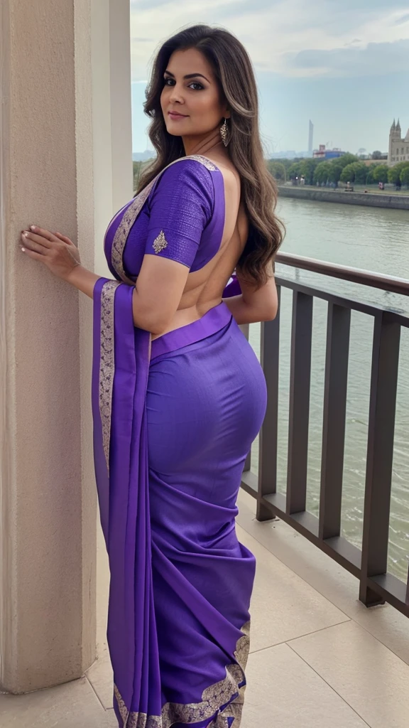 mature woman in, 60 years old, Alone, Long hair, Looking at the viewer, GrayBlonde hair, Brown eyes, Jewelry, Full body, Colossal breasts, (wearing purple saree outfit ), Distant photo, Realistic, A sexy one, beautiful colour, in balcony and River views, Lots of peoples and lights night Views, Perfect skin, 3 bust size, instagram (Realistic, A high resolution),photo size 3:4, 1 cute sexy mature woman, (long hair), large expressive blue eyes, happy, (8K, raw photo, Best quality, High detail, curvaceous forms, curvy body, her back is turned to the photographer 