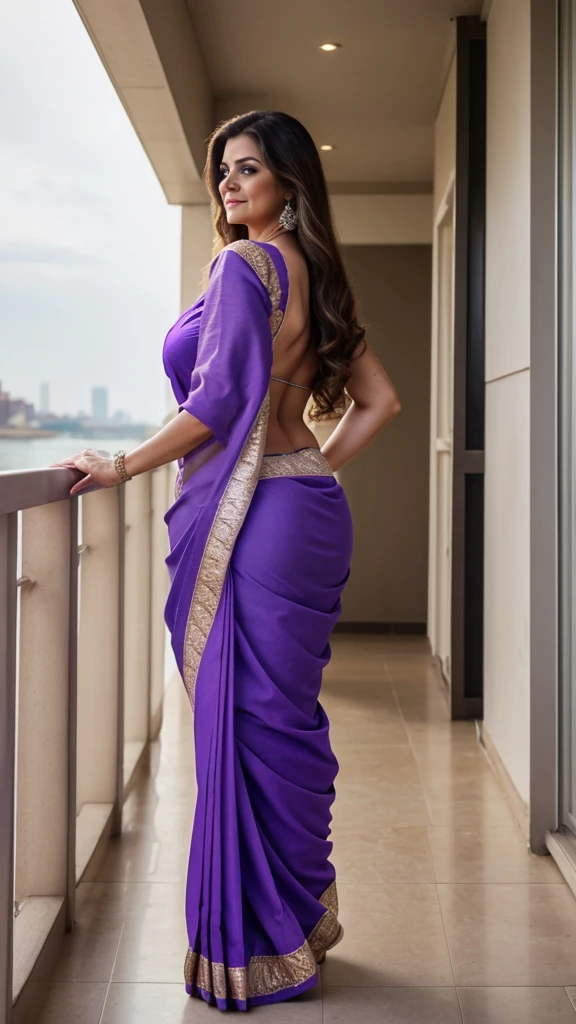 mature woman in, 60 years old, Alone, Long hair, Looking at the viewer, GrayBlonde hair, Brown eyes, Jewelry, Full body, Colossal breasts, (wearing purple saree outfit ), Distant photo, Realistic, A sexy one, beautiful colour, in balcony and River views, Lots of peoples and lights night Views, Perfect skin, 3 bust size, instagram (Realistic, A high resolution),photo size 3:4, 1 cute sexy mature woman, (long hair), large expressive blue eyes, happy, (8K, raw photo, Best quality, High detail, curvaceous forms, curvy body, her back is turned to the photographer 