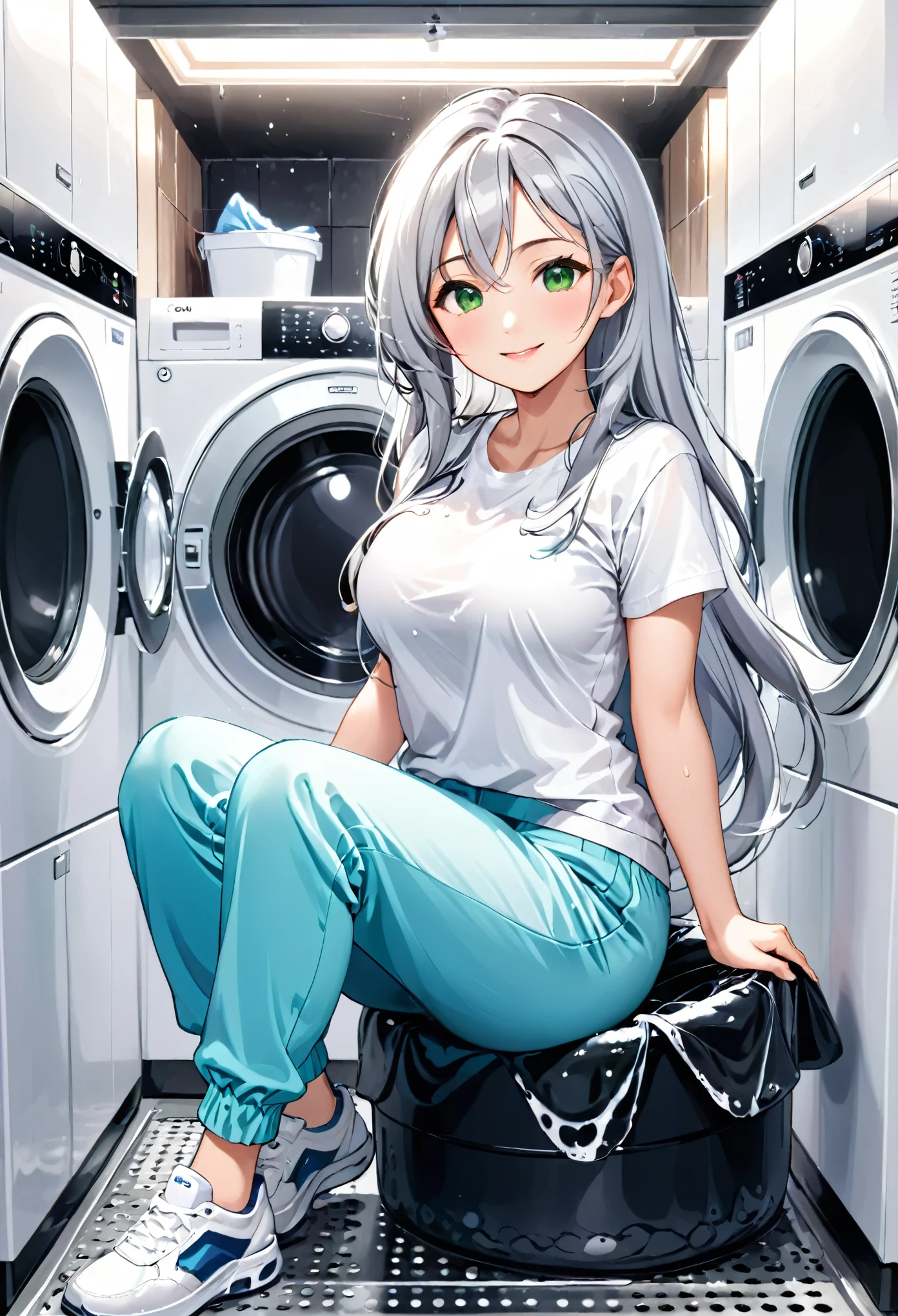 Pretty asian woman, bright silver hair, long hair, green eyes, busty, sweat pants and a white t shirt, cute, anime style, sitting on a washing machine, smiling, full body photo