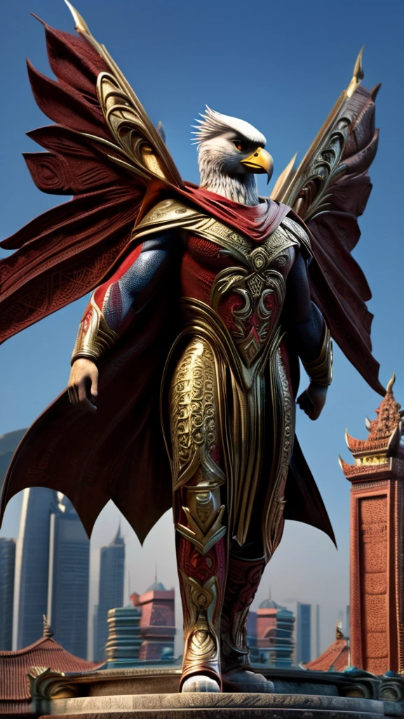 Photorealistic images of Indonesian superheroes, their sleek, Renaissance-inspired costumes decorated with intricate batik patterns, rise majestically against the backdrop of the National Monument in Jakarta, Indonesia. The superhero's sharp eagle eyes survey the bustling city, their powerful wings shadowing the iconic buildings