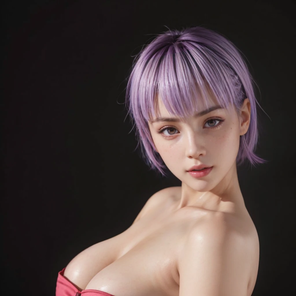 Ayane, purple hair, (best quality, ultra-detailed), (realistic:1.37), beautiful and detailed face, ultra-realistic texture, delicate face, delicate body, red lipstick, bright colors. high definition, 8K,