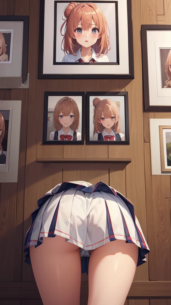 1girl, solo, masterpiece, best quality, high res, highly detailed, illustration, game cg, beatiful detailed eyes, yuigahama yui, single hair bun, glossy lips, light makeup, blush, school shirt, pleated miniskirt, (lace panties:0.8), from behind, picture in a frame, (glory wall pose:1.3)
