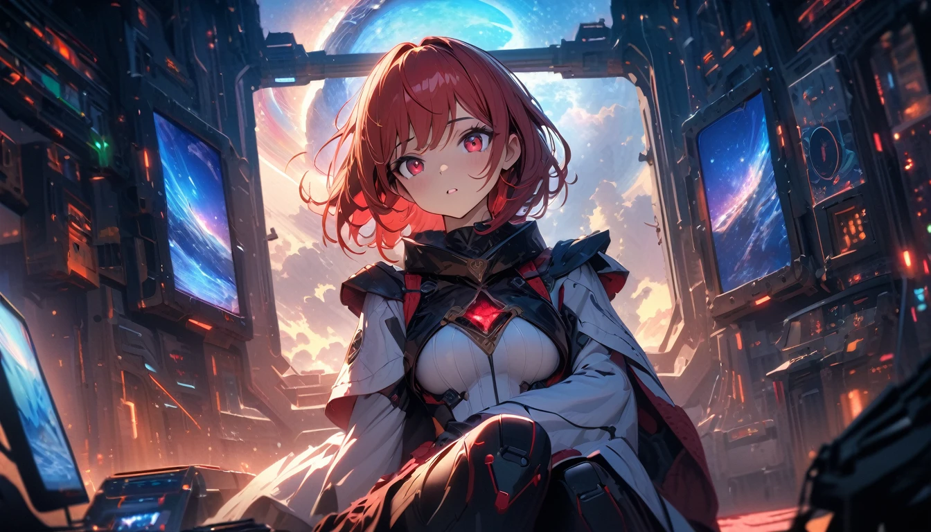 (absurd decision, A high resolution, (masterpiece: 1.4), hyperdetailing, ung woman, short red hair, pilot suit, Rich Princess, sitting in a very narrow and closed mech control room and looking out the window, window - cosmic universe, you can see the blue planet (1.5), Expression excited, mecha control room is in universe,(heroic),(epics),(emotional),(breathtaking),(main part:1.2) whole body.), (Anime Style), (Super Detailed), (brutal), (uhd, HDR), (8K), (High Resolution: 1.2), (Complex and Beautiful: 1.2), (Dramatic Lighting: 1.2) , (staring at the viewer), lora:add_detail:1, female necromancer, flowing white hair, detailed red eyes, skelet, Tomohiko Ito style