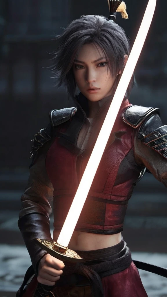 a woman holding a sword in a dark room, 2. 5 d cgi anime fantasy artwork, holding a black katana, stuning fantasy 3 d render, holding katana, unreal engine character art, unsheathing her katana, she is holding a katana sword, yasuke 5 0 0 px models, dramatic wielding katana pose, holding a katana, background color smoked, Red leather jacket.