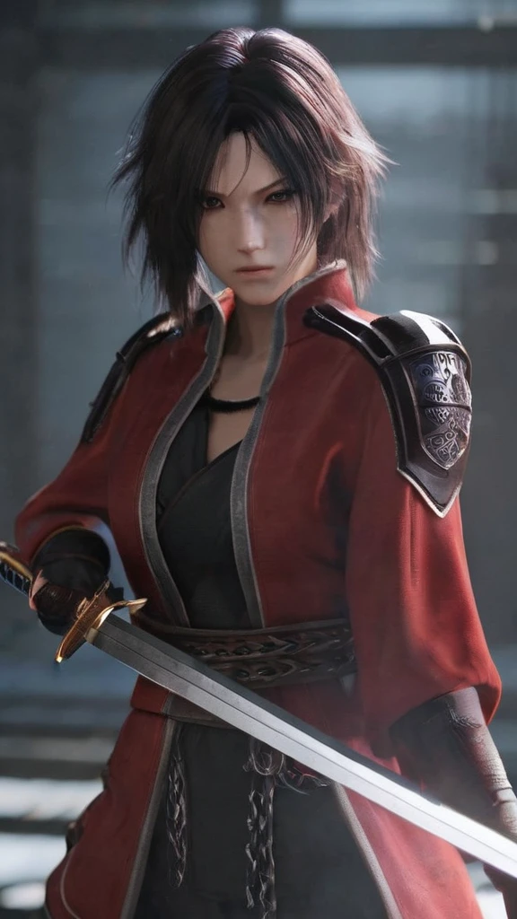 a woman holding a sword in a dark room, 2. 5 d cgi anime fantasy artwork, holding a black katana, stuning fantasy 3 d render, holding katana, unreal engine character art, unsheathing her katana, she is holding a katana sword, yasuke 5 0 0 px models, dramatic wielding katana pose, holding a katana, background color smoked, Red leather jacket.