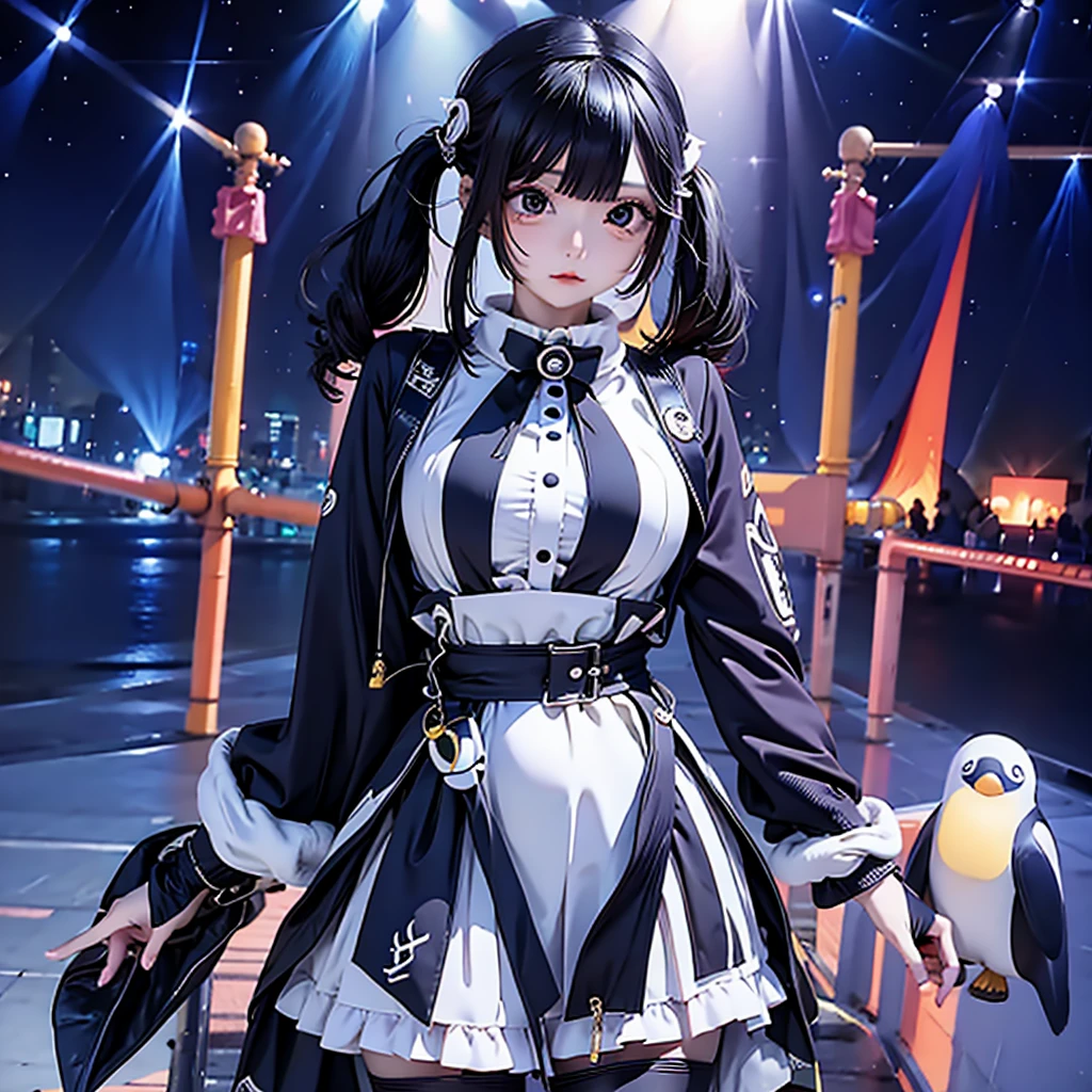 Jisso k-pop idol, female, dressing a Penguin suit, huge, detailed body,, dynamic pose 1.