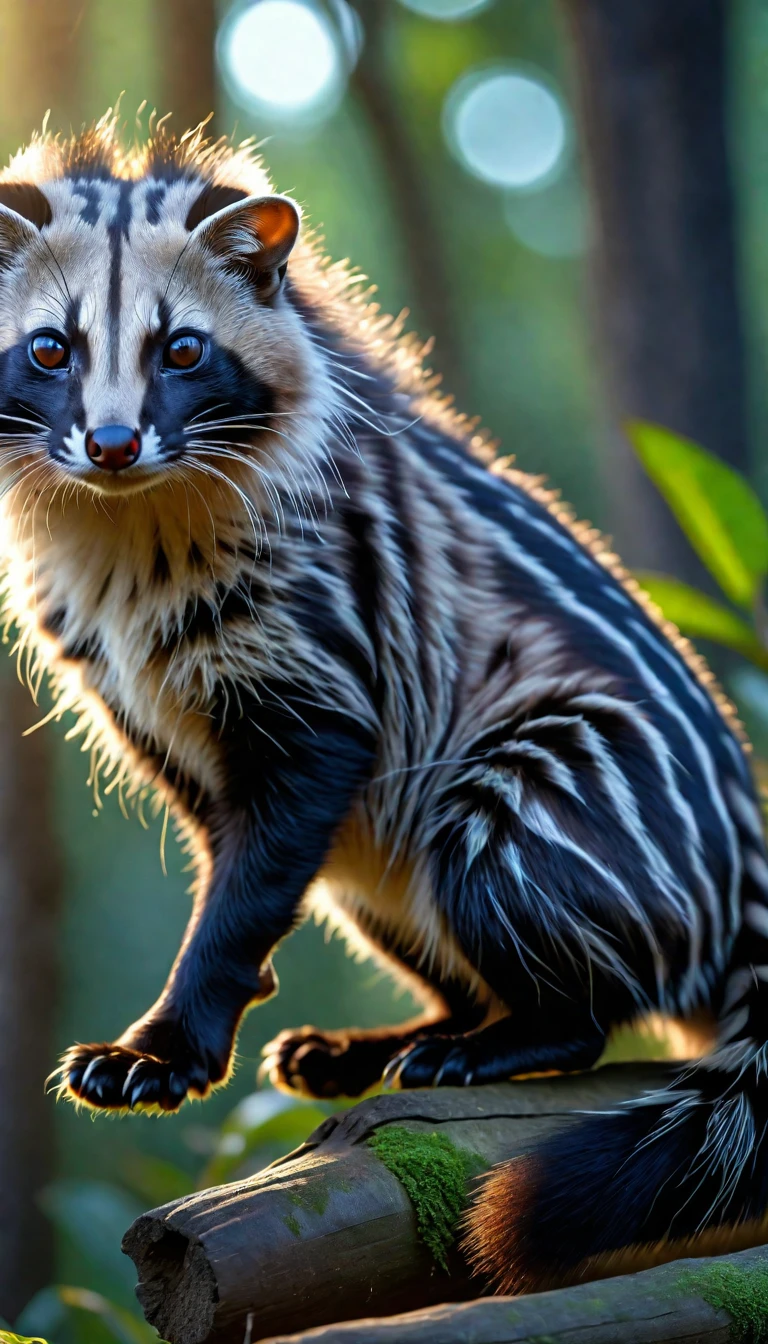 Panorama,Looks like a civet cat,Long hair on the head,Mysterious Creatures, shrike, (best quality,4K,8K,High level,masterpiece:1.2),Ultra Detailed,(lifelike,Photo real,Photo real:1.37),Highly detailed animals,Complex patterns,Realistic lighting,Fantasy Creatures