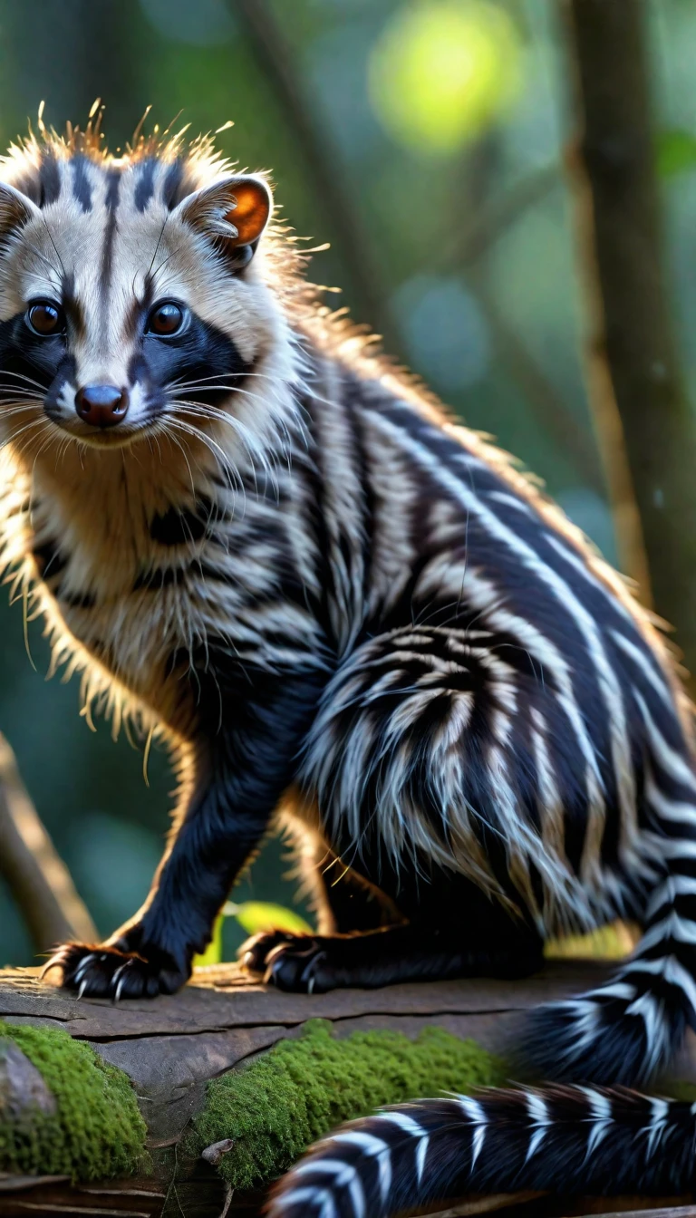 Panorama，Looks like a civet cat，Long hair on the head，Mysterious Creatures, shrike, (best quality，4K，8K，High level，masterpiece：1.2），Ultra Detailed，（lifelike，Photo real，Photo real：1.37），Highly detailed animals，Complex patterns，Realistic lighting，Fantasy Creatures