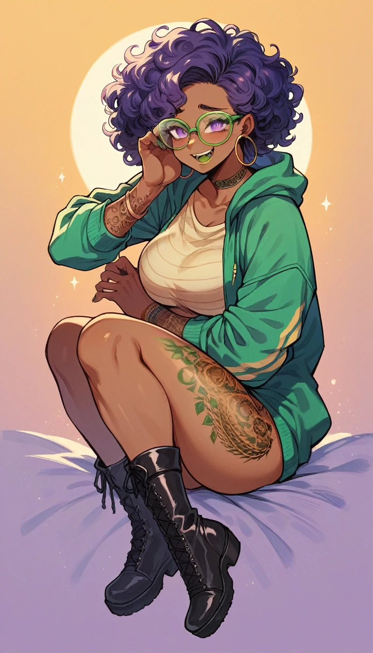 beautyful strong african woman, african skin, huge full curly purple hair, green mouth, leopard beach clotches, black boots, hoop earring, green aviator glasses, purple chocker, dragon tattoo, night, purple lights, shy smile