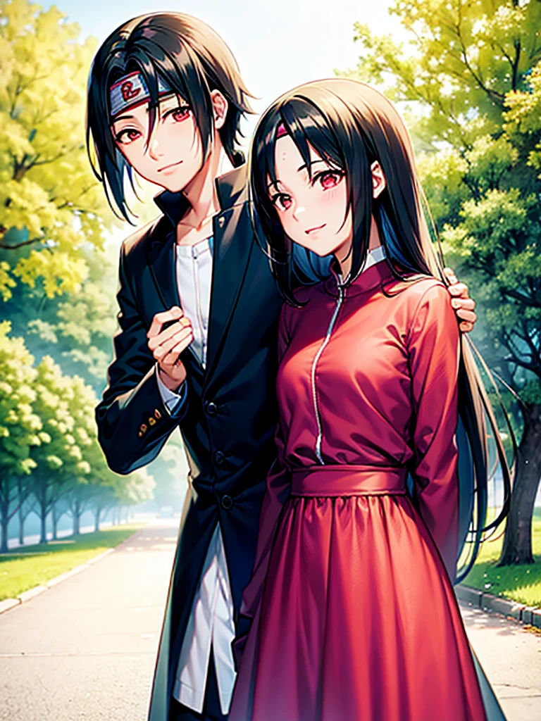 romantic, best qualityer, Couple, ssmile, glad, Amemos, blue sky, man Itachi Uchiha, Woman, itachi uchiha, Woman de cabelo grande, 1 girl, 1 men, Couple, hugging, itachi uchiha, A girl, standing together, itachi next to a 