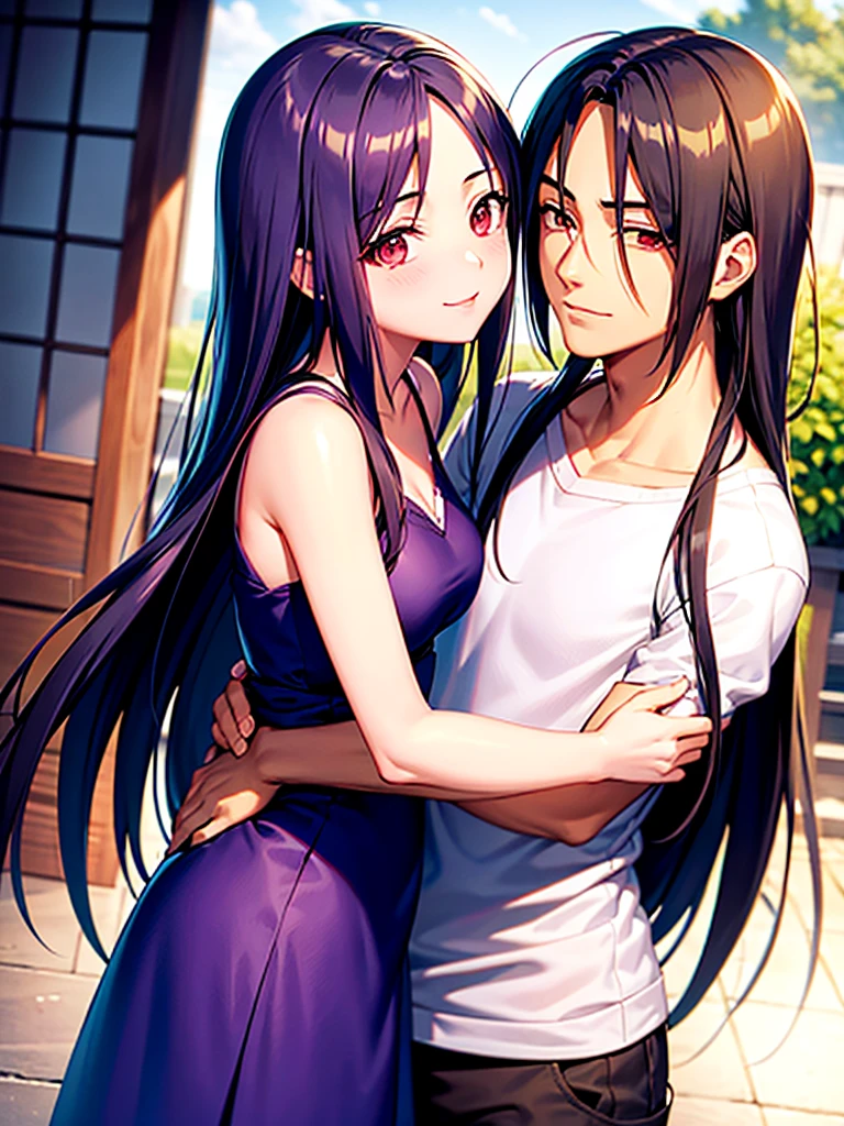 romantic, best qualityer, Couple, ssmile, glad, Amemos, blue sky, man Itachi Uchiha, Woman, itachi uchiha, Woman de cabelo grande, 1 girl, 1 men, Couple, hugging, itachi uchiha, A girl, standing together, itachi next to a