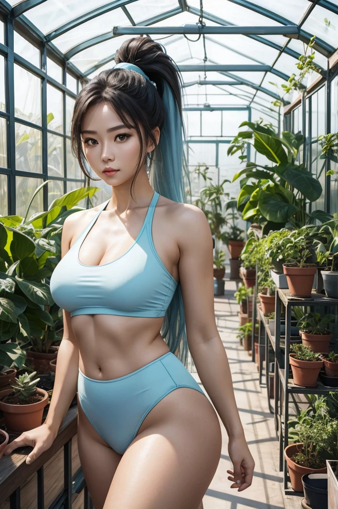 26 year old woman from Saturn, thick athletic body, beautiful, cute, light blue long ponytail hair, in greenhouse, photoshoot