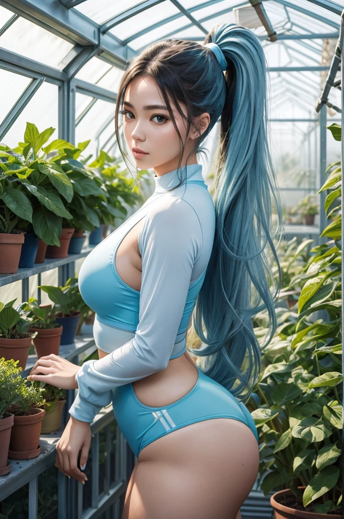 26 year old woman from Saturn, thick athletic body, beautiful, cute, light blue long ponytail hair, in greenhouse, photoshoot