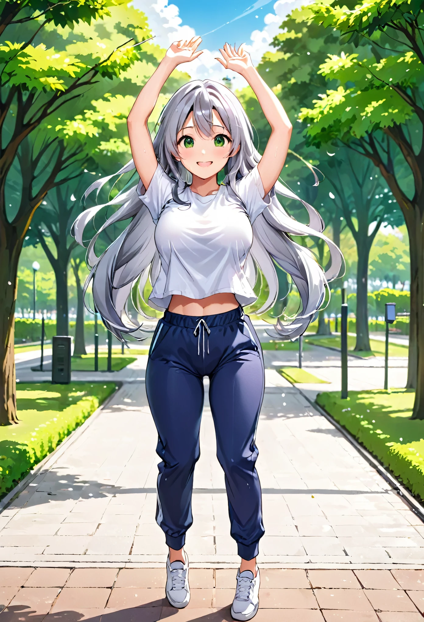 Pretty asian woman, bright silver hair, long hair, green eyes, busty, sweat pants and a white t shirt, cute, anime style, sitting on the ground, feet behind her head, feet up in the air