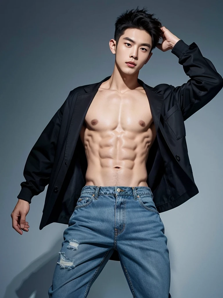 25 year old handsome korean, solo, (no shirt),no top wear ((show abs 6 pack)), black sagged jean,